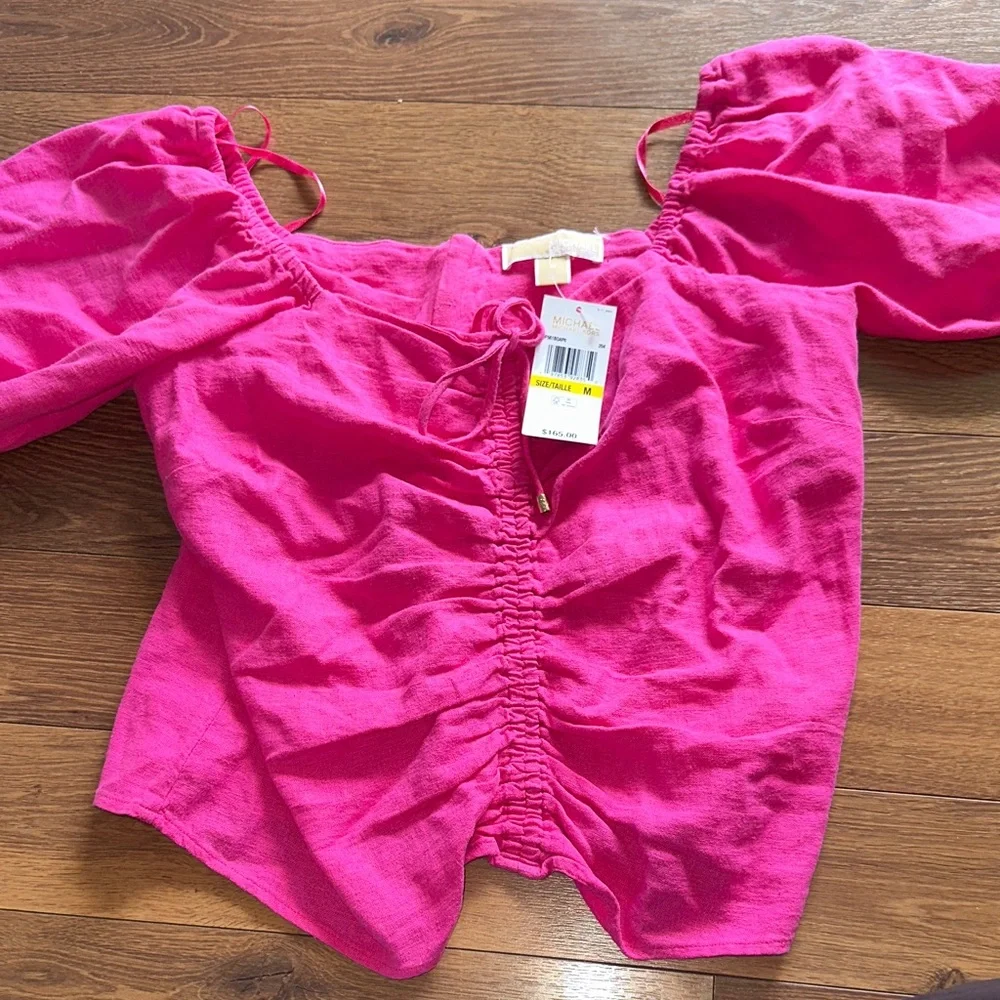 Michael Kors Pink Linen Top with puff sleeve. Medium - Picture 1 of 5